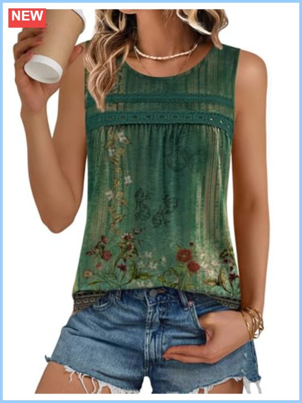 Zeagoo Womens Pleated Scoop Neck Sleeveless Lace Crochet Boho Tank Top Loose